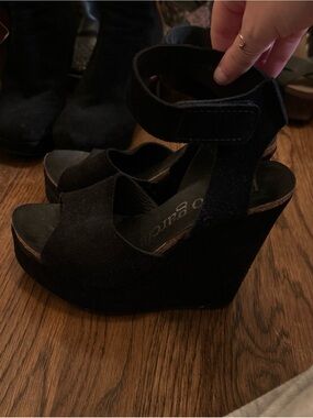 Pedro Garcia Black Suede Ankle-Strap Wedge Sandals